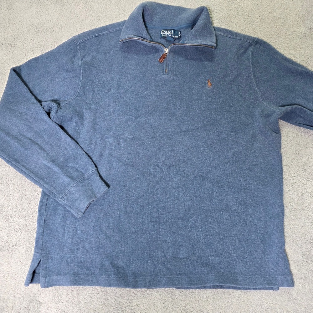 Polo Ralph Lauren Mens L Quarter Zip Pullover Blue Cotton Pony Logo Sweater